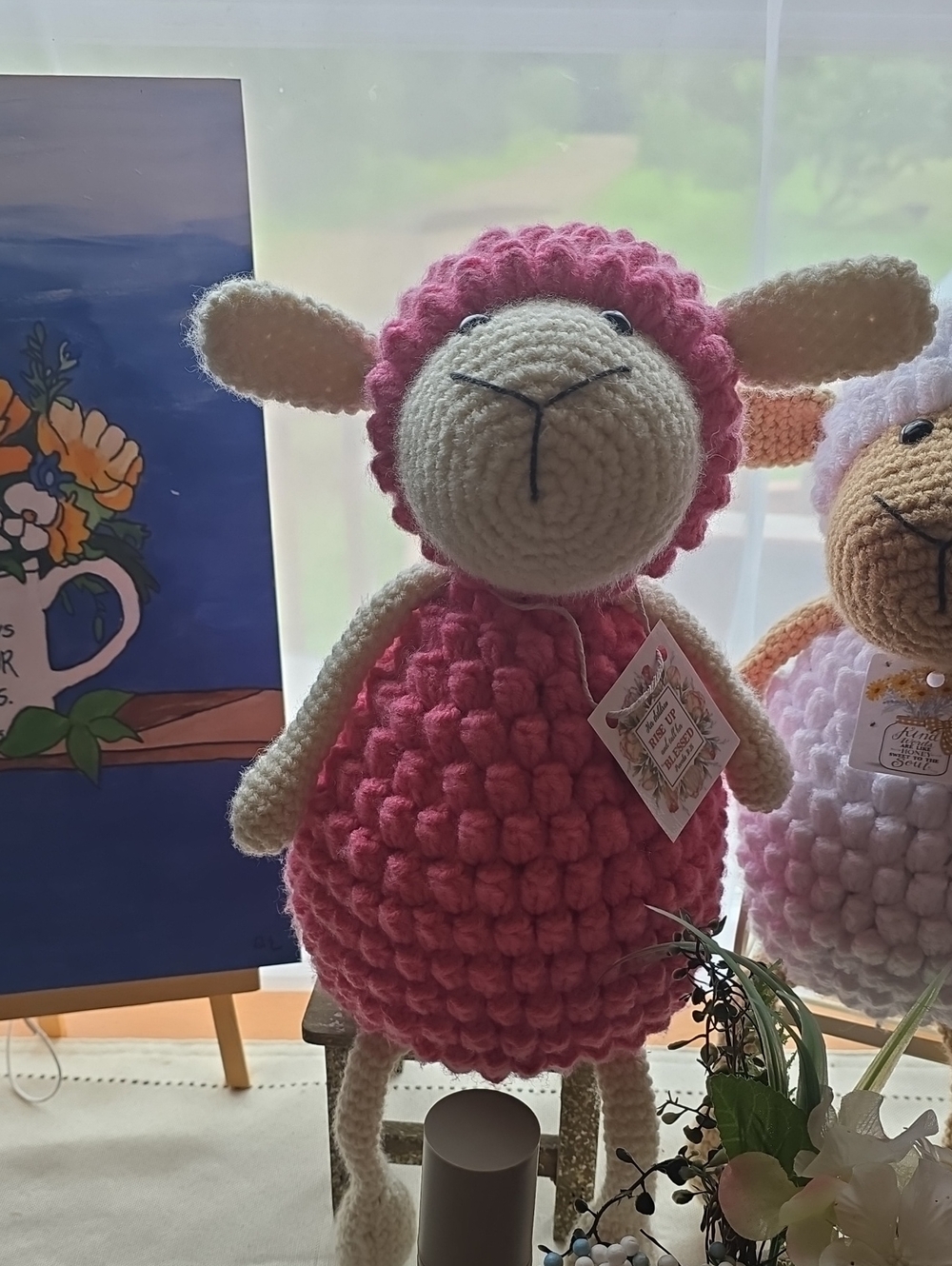 Handmade Pink Crochet Lamb Stuffed Animal Plush And Prayer Bears.